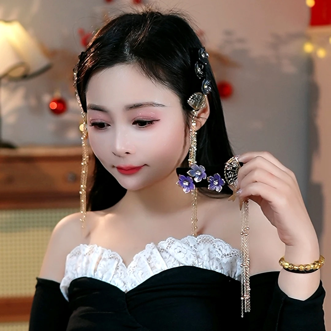 精致古风扇子侧流苏花朵发夹网红百搭发卡时尚超仙气对夹边夹