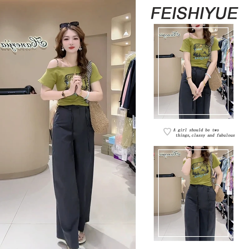 夏季穿搭一整套女2025新款时尚露肩短袖上衣显瘦百搭休闲裤两件套