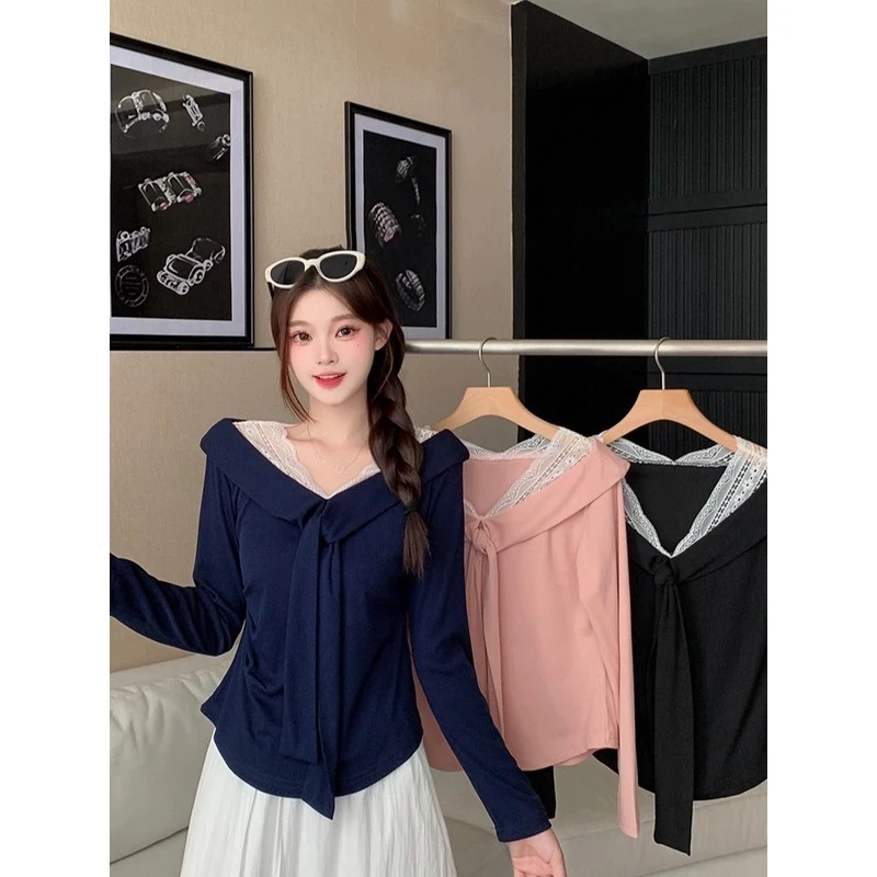 大码假两件长袖t恤女秋季胖mm显瘦蕾丝拼接设计感打底衫内搭上衣