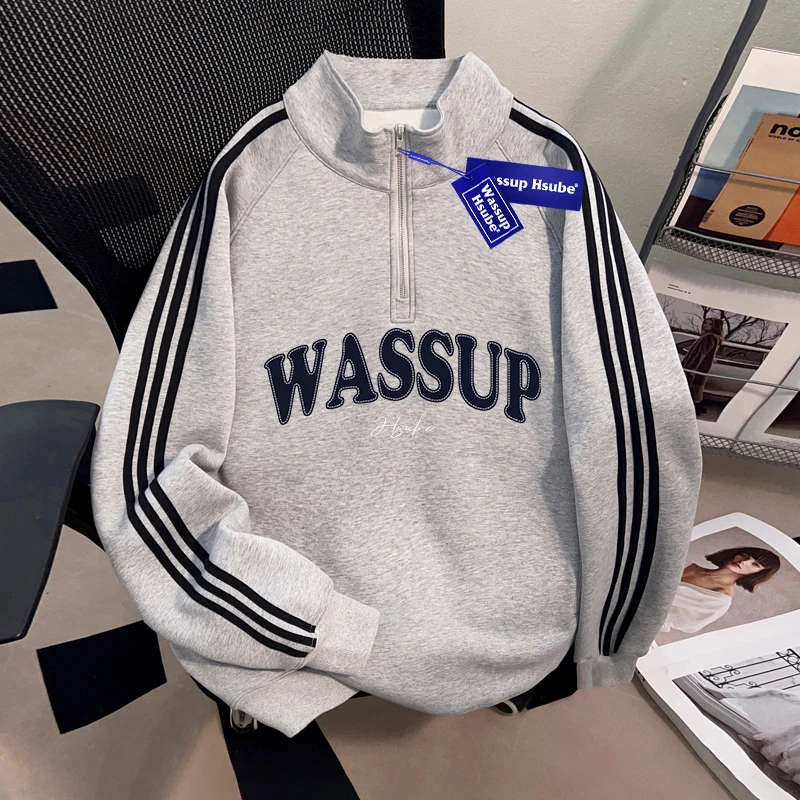 WASSUP HSUBE三条杠美式复古半拉链立领卫衣重磅潮牌ins休闲秋冬