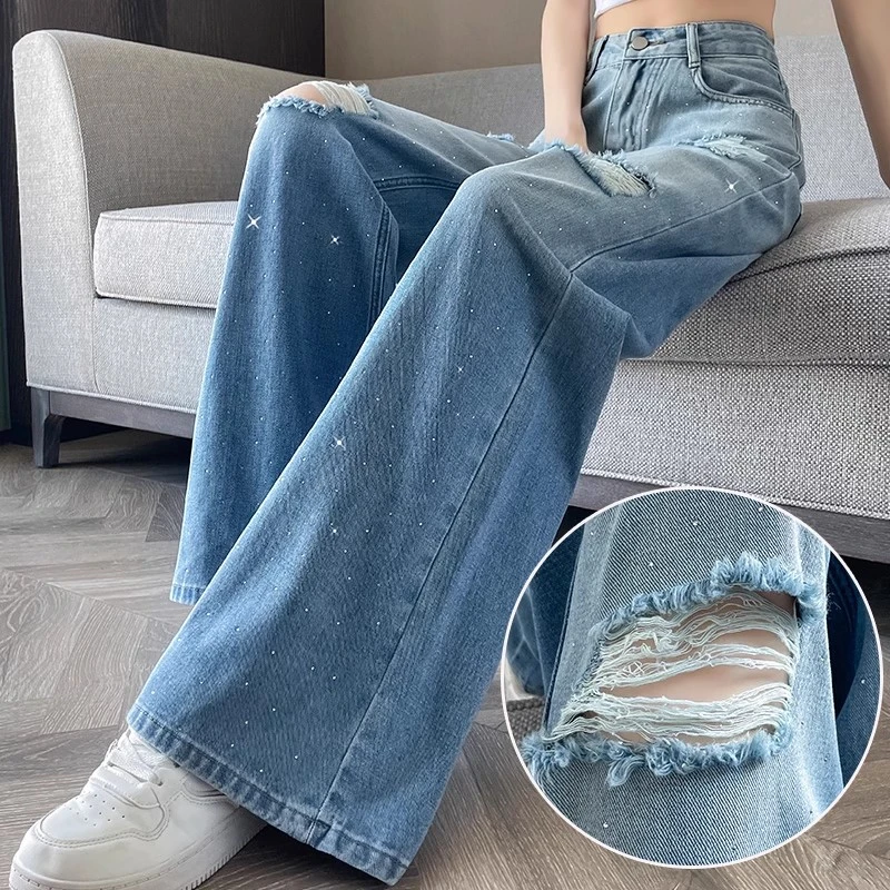 渐变蓝破洞牛仔裤女2025年夏季新款闪钻烫钻重工辣妹美式阔腿裤子