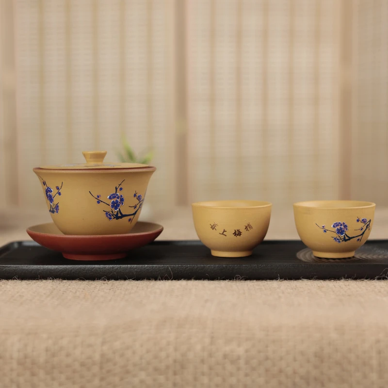 黄段喜上眉梢变色三才悬停盖碗+两个喜上眉梢杯（安全包装）卢美