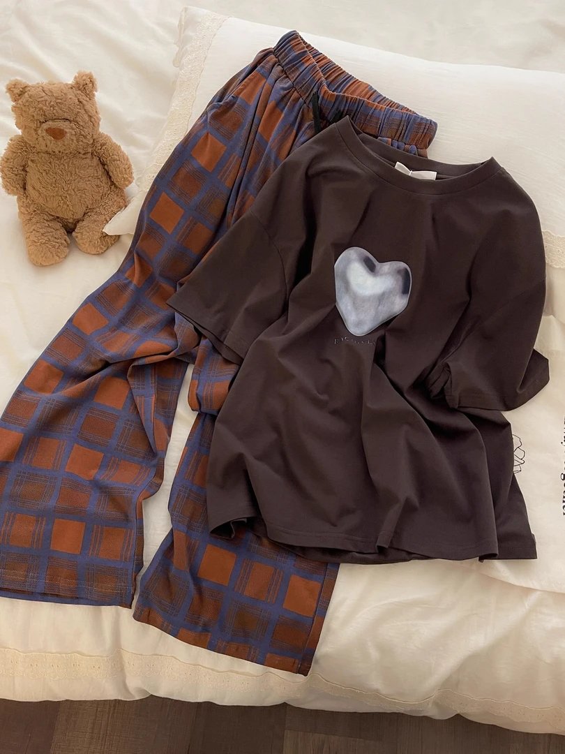 【爱心咖色】短袖睡衣女夏季2025新款格子长裤大码套装女大学生睡衣