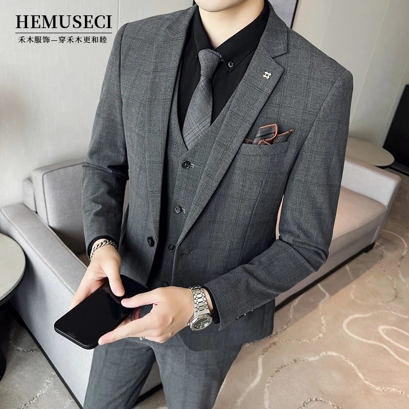 高端主持人西服套装男士商务宴会婚礼结婚正装格子英伦风时尚正装