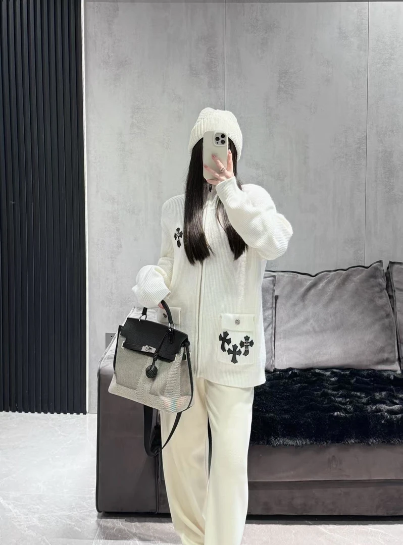 【LJ】罗家新款十字架拼皮针织开衫外套