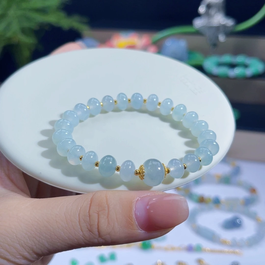 足金镶嵌手链翡翠缅料卡8鼓珠
