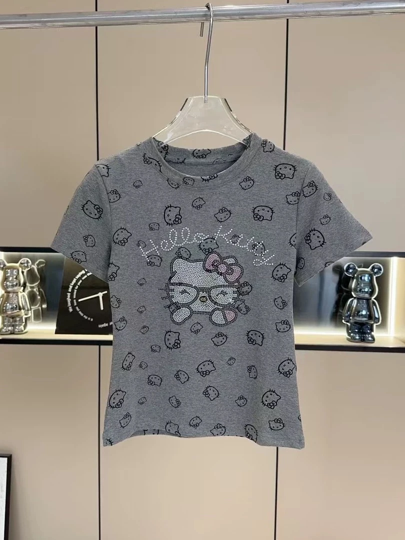 春夏猫咪重工烫钻新款时尚百搭圆领纯色卡通印花短袖T恤女款上衣