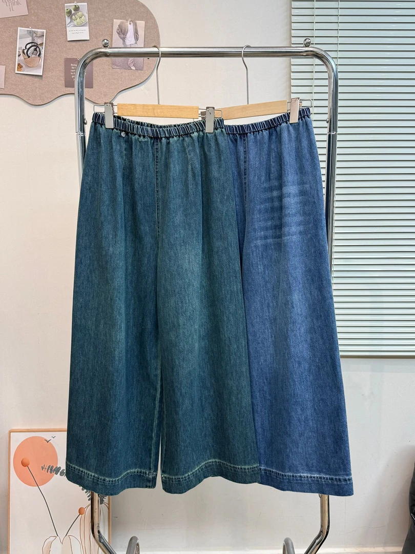 日系简约百搭松紧腰纯棉复古纯色休闲裤显瘦直筒阔腿牛仔裤软糯