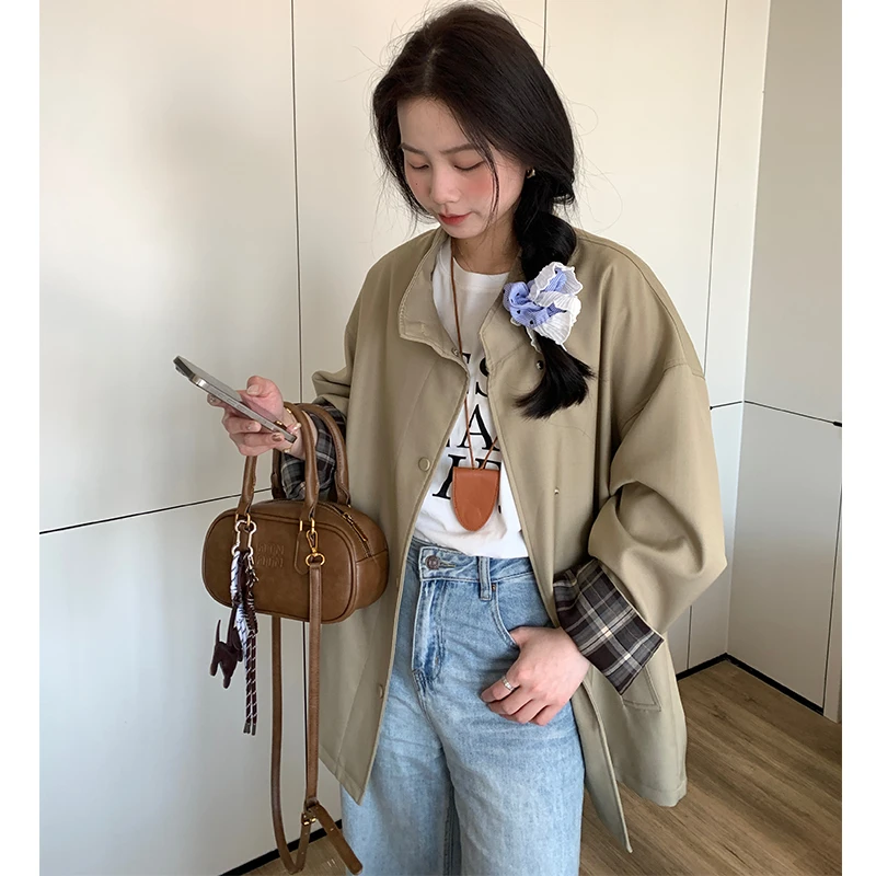 ins卡其色短款工装风衣外套小个子女春秋韩系2024新款设计感小众