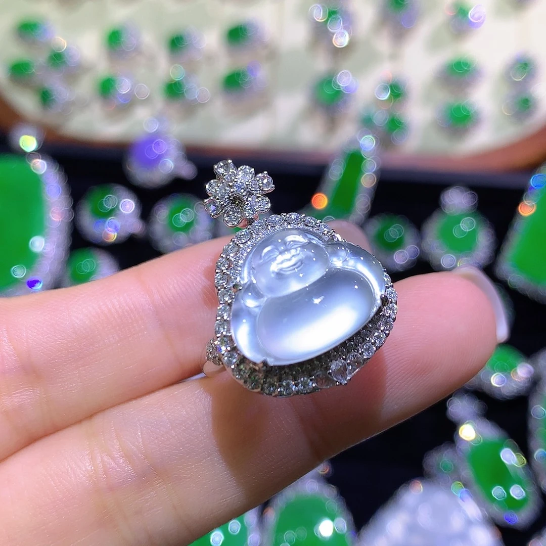 翡翠18K金镶嵌戒指玻璃种炸光吊坠戒指