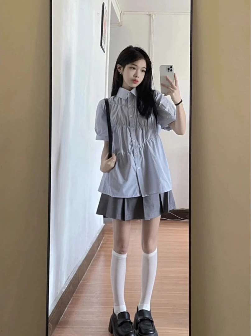蓝色衬衫女短袖夏季新款设计感小众潮流宽松休闲学院风高级感衬衣