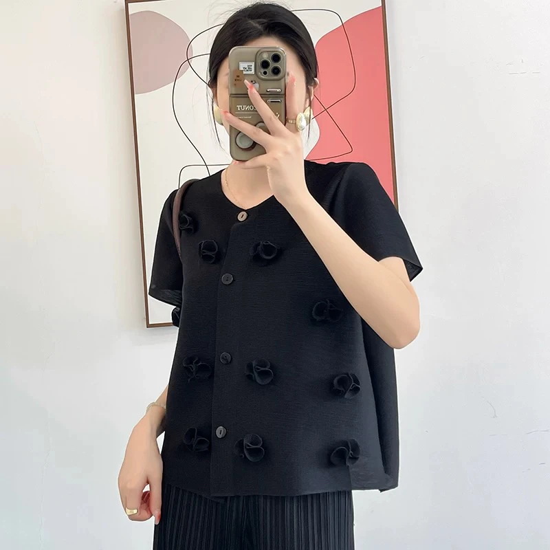 夏季新款褶皱立体花朵百搭显瘦开衫薄款短袖上衣女