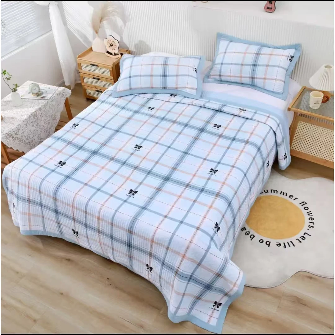 【微瑕】格子蝴蝶结-浅蓝水洗棉绗缝双人床盖2*2.3m