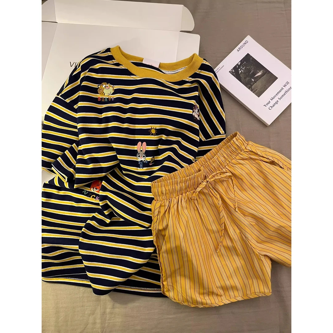 简约条纹可爱卡通印花睡衣女2025新款夏季短袖短裤家居服套装外穿