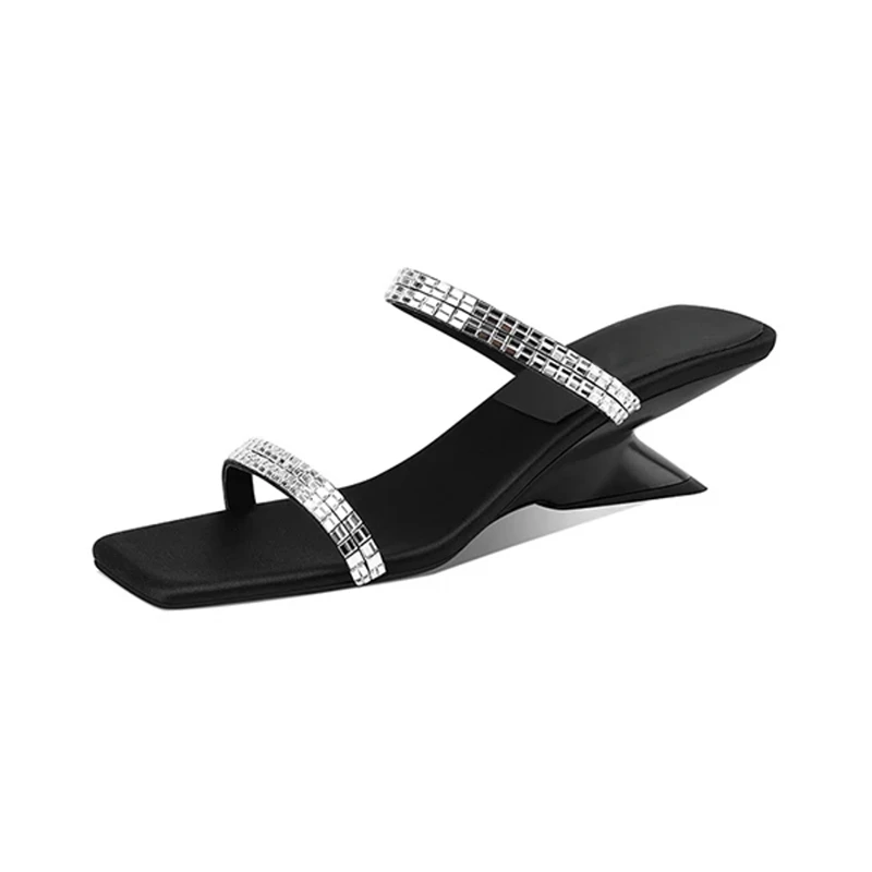 断码清仓法式绝美水钻粗跟一字凉拖鞋女夏季外穿配裙子气质高跟鞋