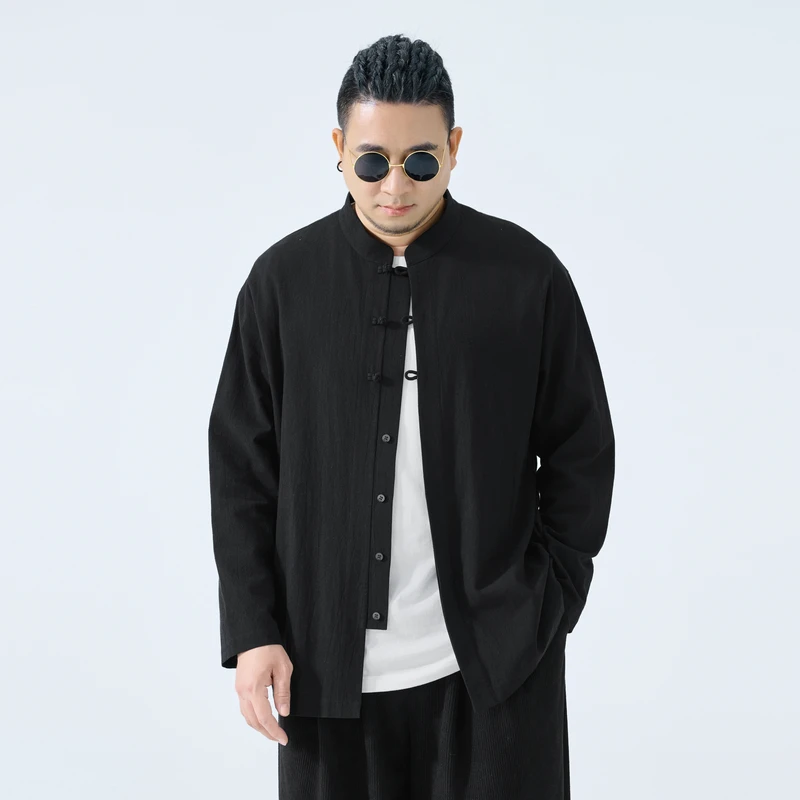 半墨大码男装新中式立领长袖衬衫胖子复古衬衣休闲宽松上衣男0528