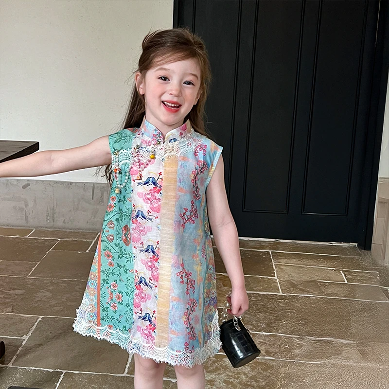 栀了成长记童装女童新中式撞色国风印花旗袍裙儿童宝宝裙子连衣裙