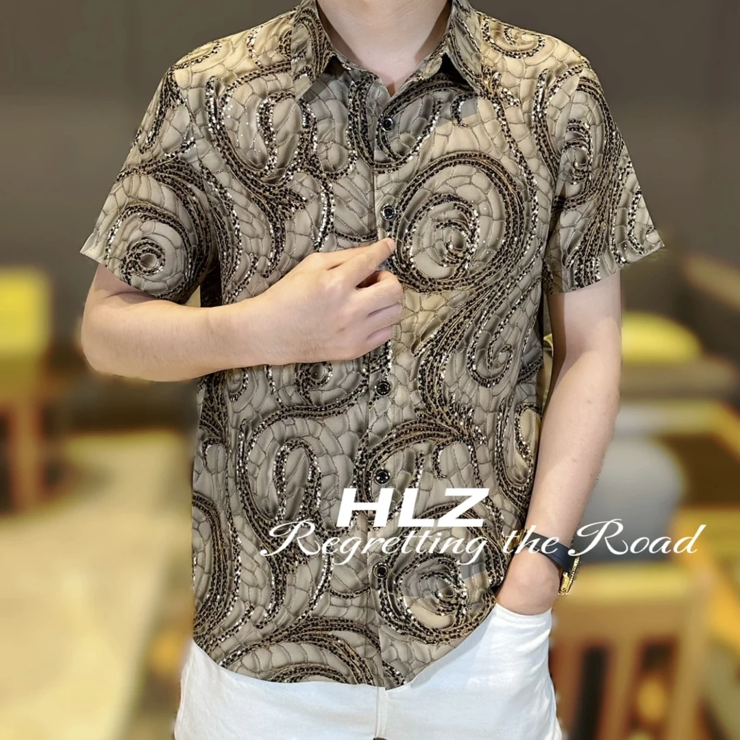 2025夏季新款男士时尚衬衫休闲薄款个性巴洛克图案翻领短袖t恤