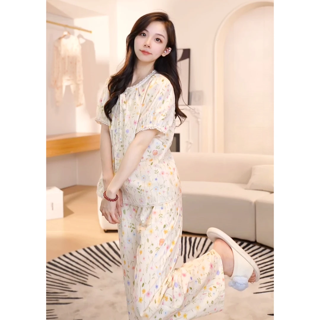 【莎莎专属】新款2025纯棉短袖宽松睡衣女夏季家居服KA-A88595