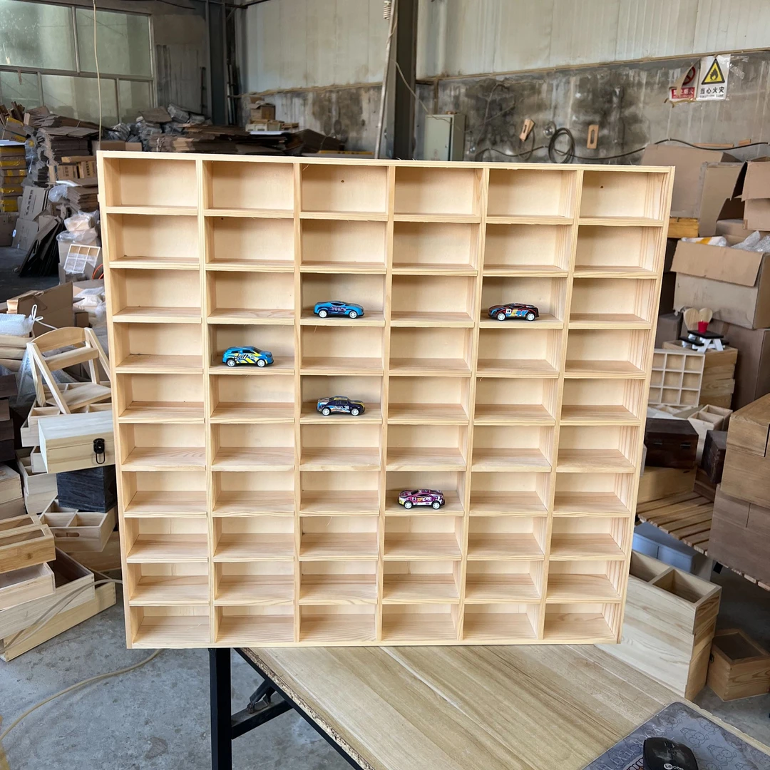 松木 60格原木小汽车摆件展示架 泡泡玛特手办展示
