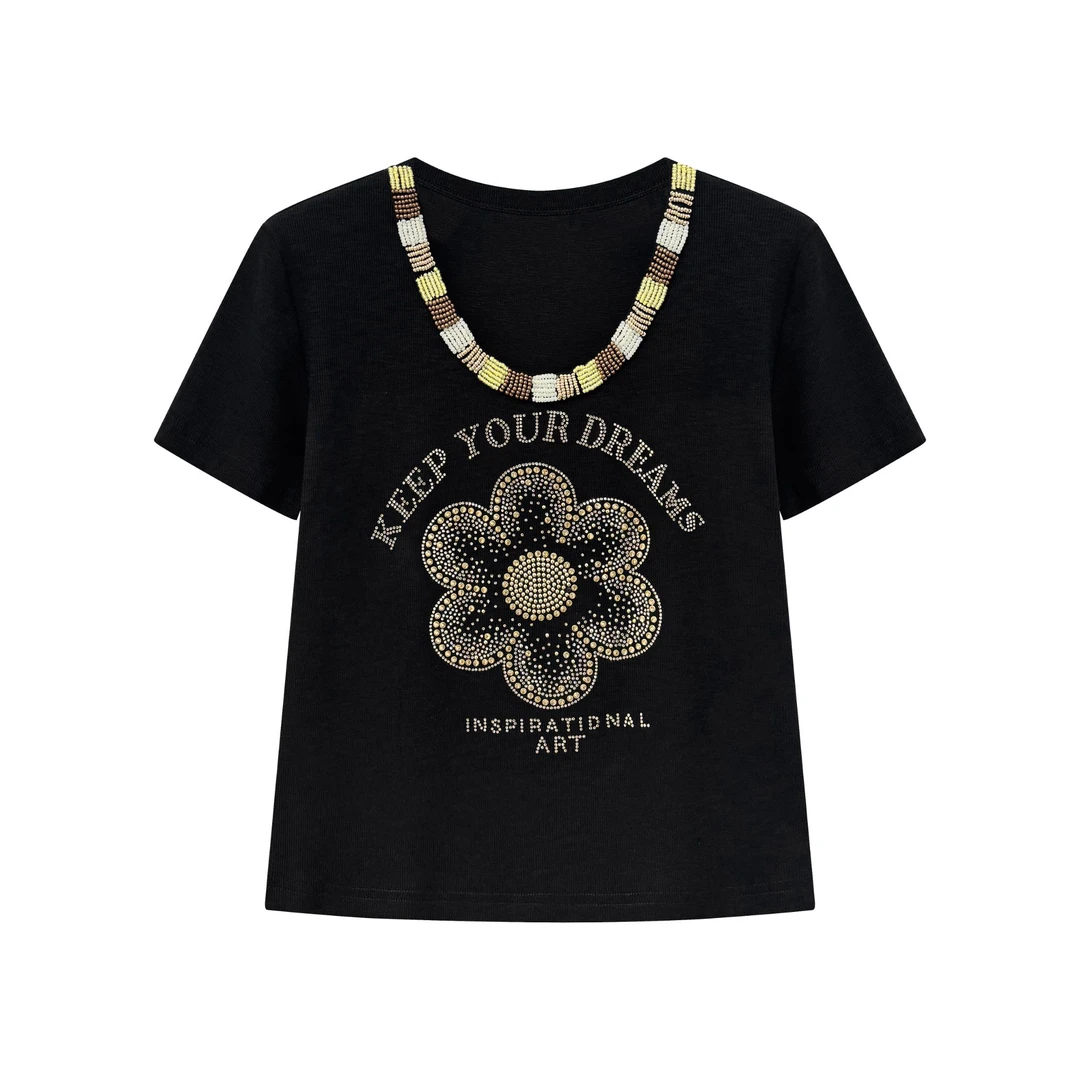 2025夏季新款烫钻时尚休闲百搭短袖上衣#0075