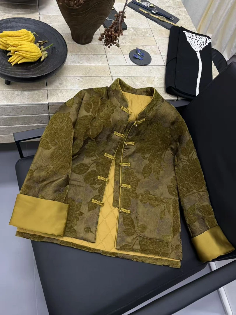 【落叶】新中式秋冬季加薄棉长袖女短外套上衣休闲唐装拼接秋冬