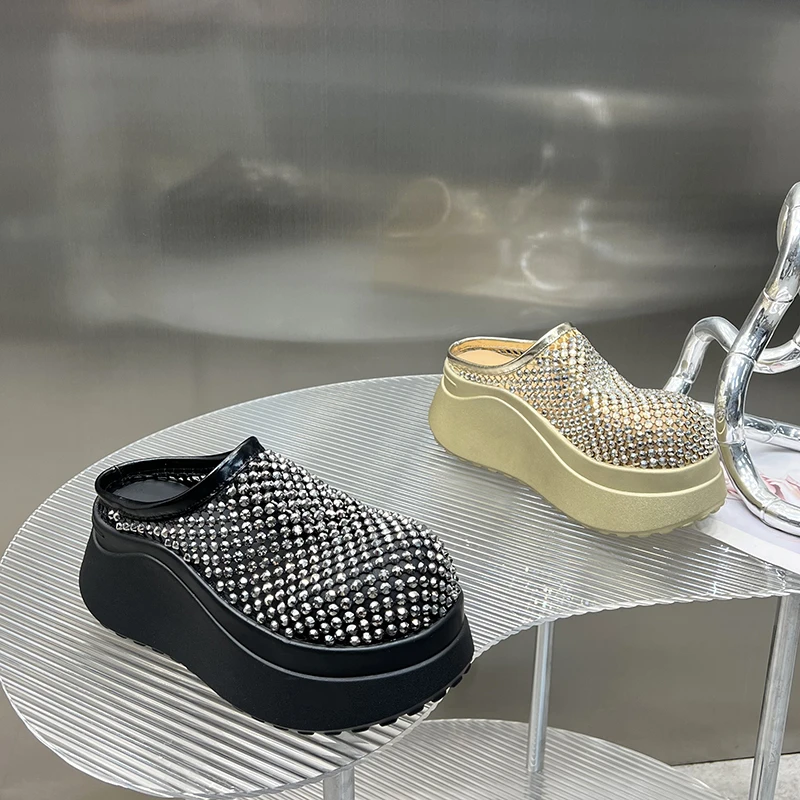 厚底包头半拖鞋女2025夏季新款水钻透气镂空网面外穿凉拖G9986-6