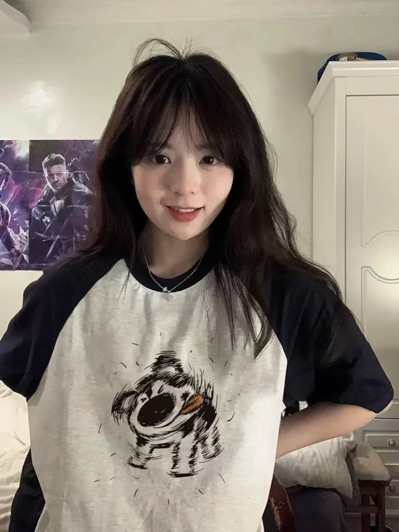 大码百搭插肩拼色T恤女胖MM宽松复古甩水狗美式潮牌半袖ins上衣女