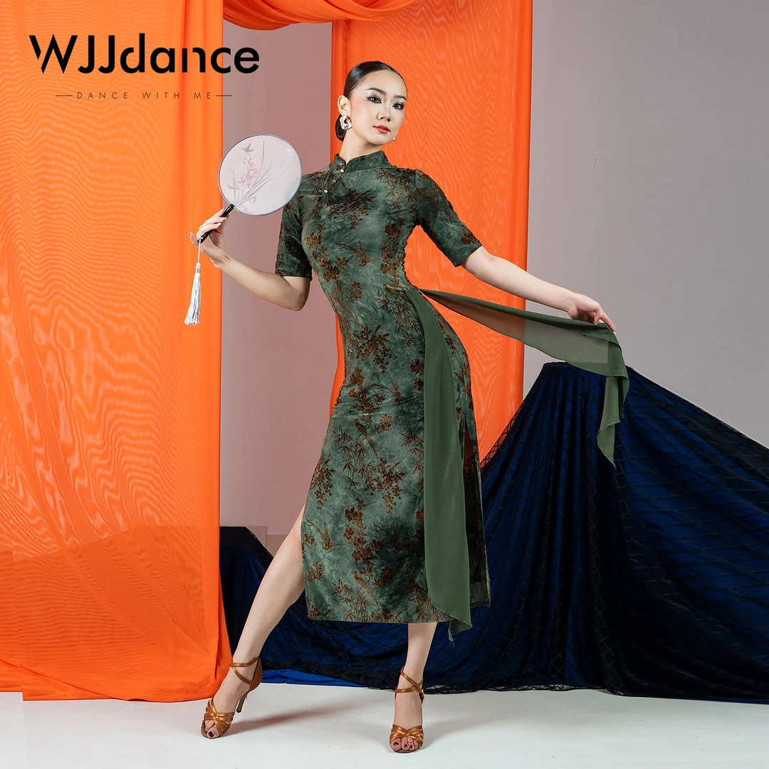 WJJdance拉丁舞旗袍连衣裙女2025新款扎染雕花飘带开叉国标练功服