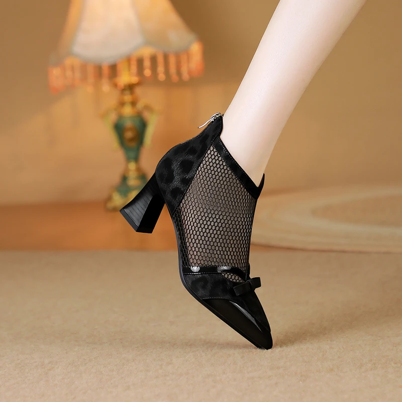 SLM牛皮网靴9152豹纹女人34-42味时尚网纱凉靴高跟真皮透气凉靴子