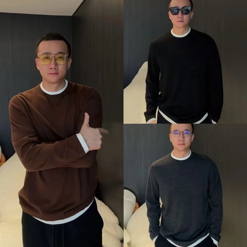 高级感假两件男士毛衣秋冬季针织衫舒适长袖内搭打底衫极简风上衣