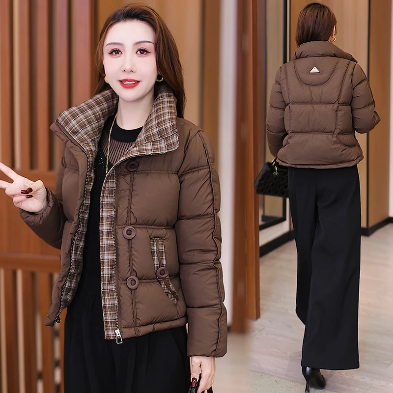 短款格子拼接棉服女2025年冬季新款时尚百搭小个小个子短款面包服