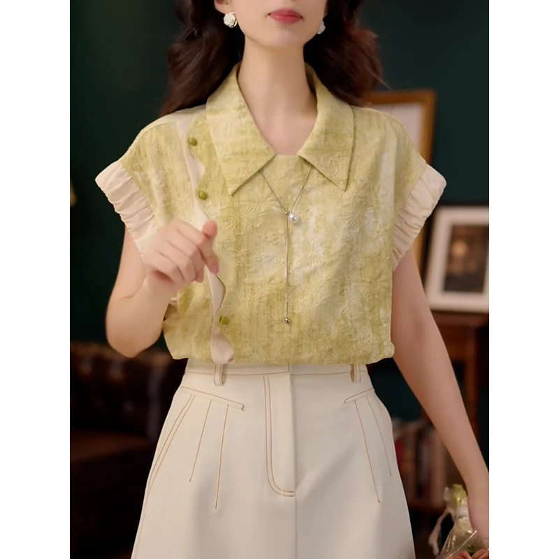 复古港风撞色拼接短袖衬衫女2025夏季新款设计感洋气百搭翻领上衣