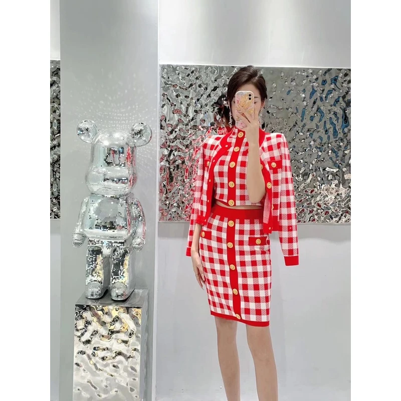 S135-97-95新中式修身长袖百搭短款针织衫开衫套装显瘦气质小香风