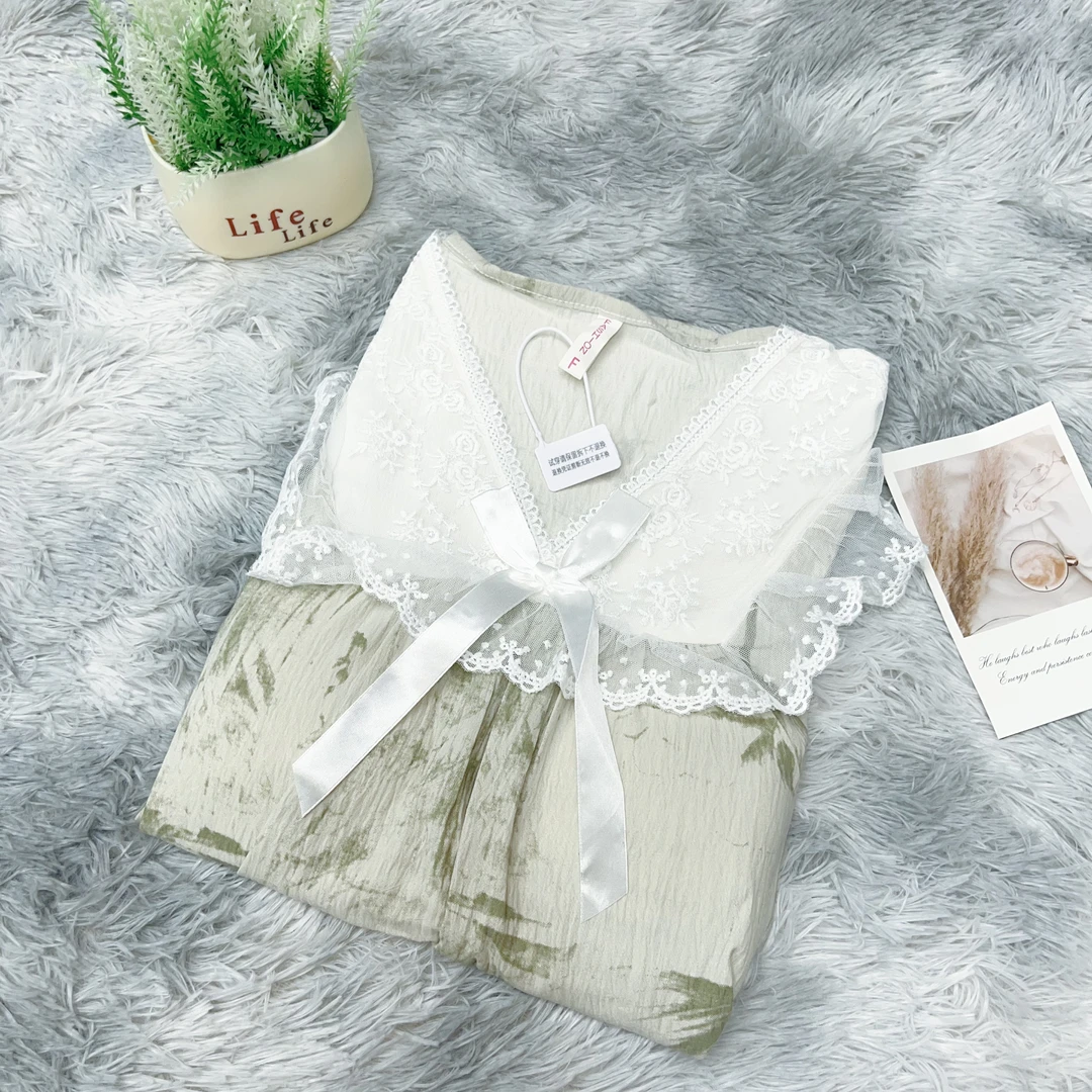 【R759】夏季清凉一夏草绿竹画睡裙+胸垫