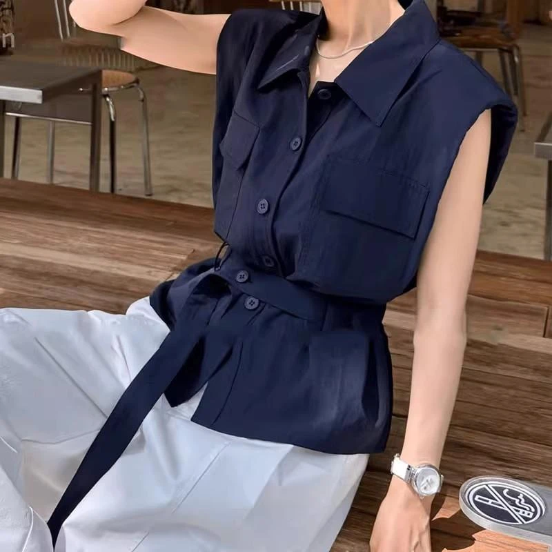 无袖衬衫女装夏季新款高级感独特漂亮掐腰修身显瘦套装