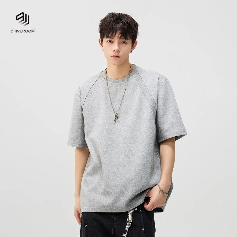 DIIIVERGOM接短袖t恤衬衫男夏季新款重磅宽松衣服潮牌灰色体恤