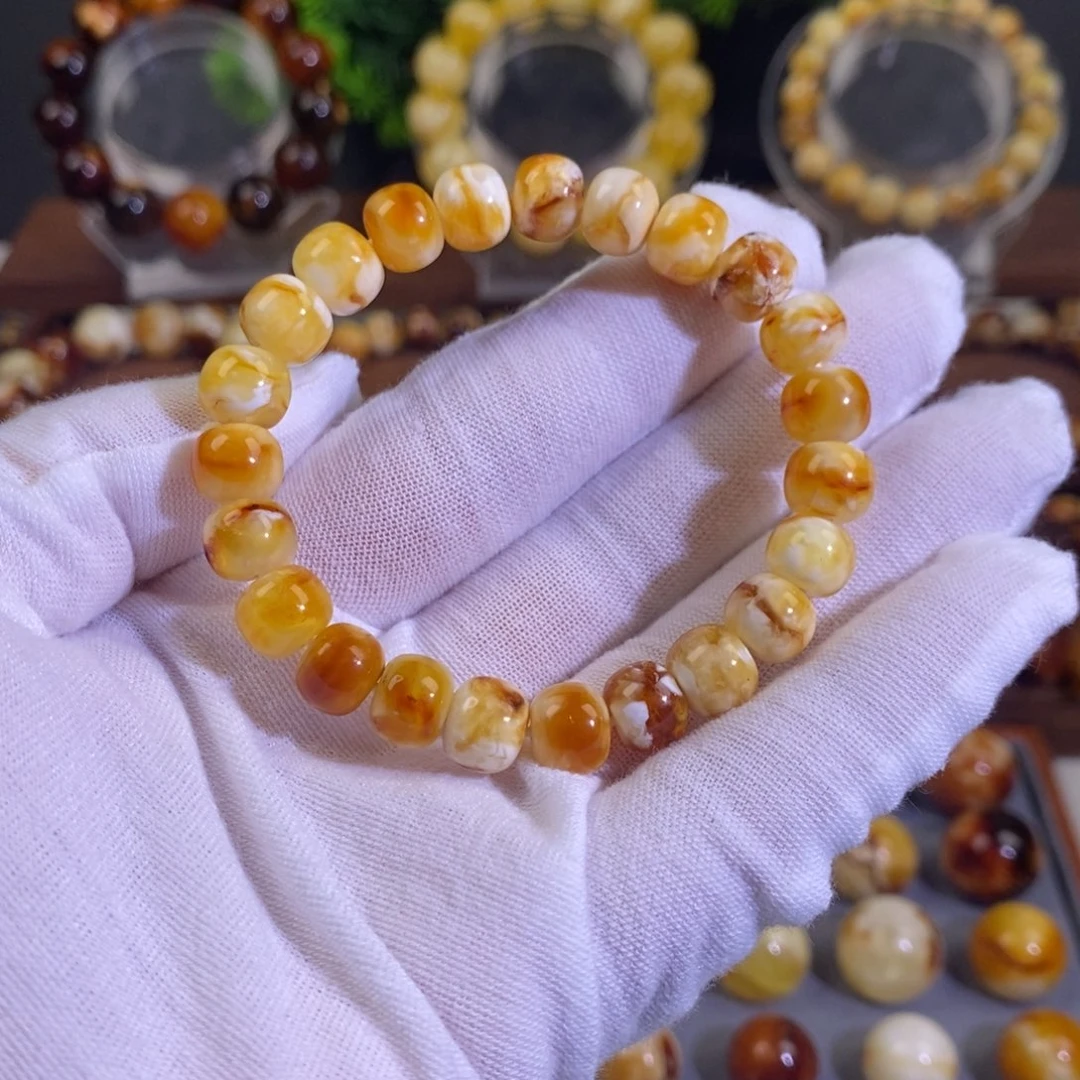 琥珀未镶嵌裸石天然沁色蜜蜡老型手串9mm左右