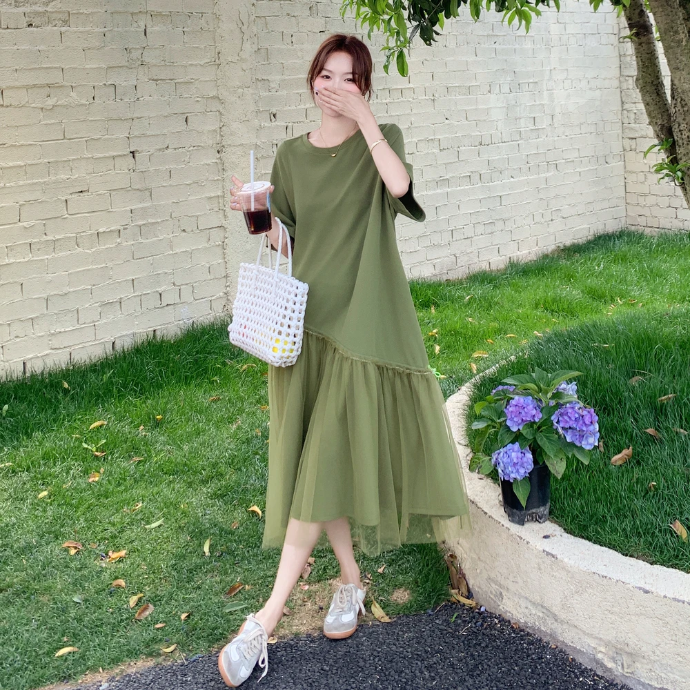 绿色慵懒休闲宽松长裙子松弛感网纱拼接显瘦短袖T恤连衣裙女夏季