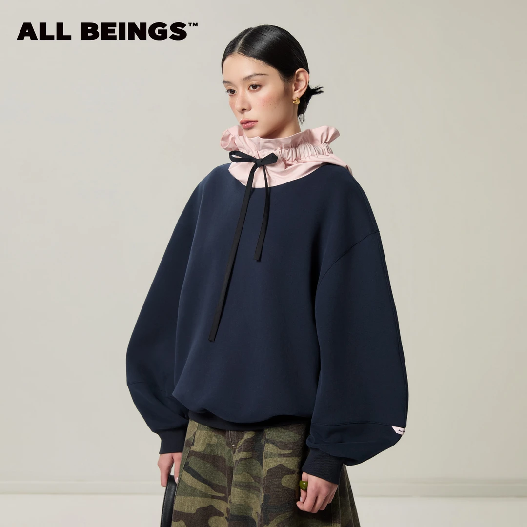 ALL BEINGS26SS设计师新款时尚粉色花苞造型连帽藏撞色青卫衣女