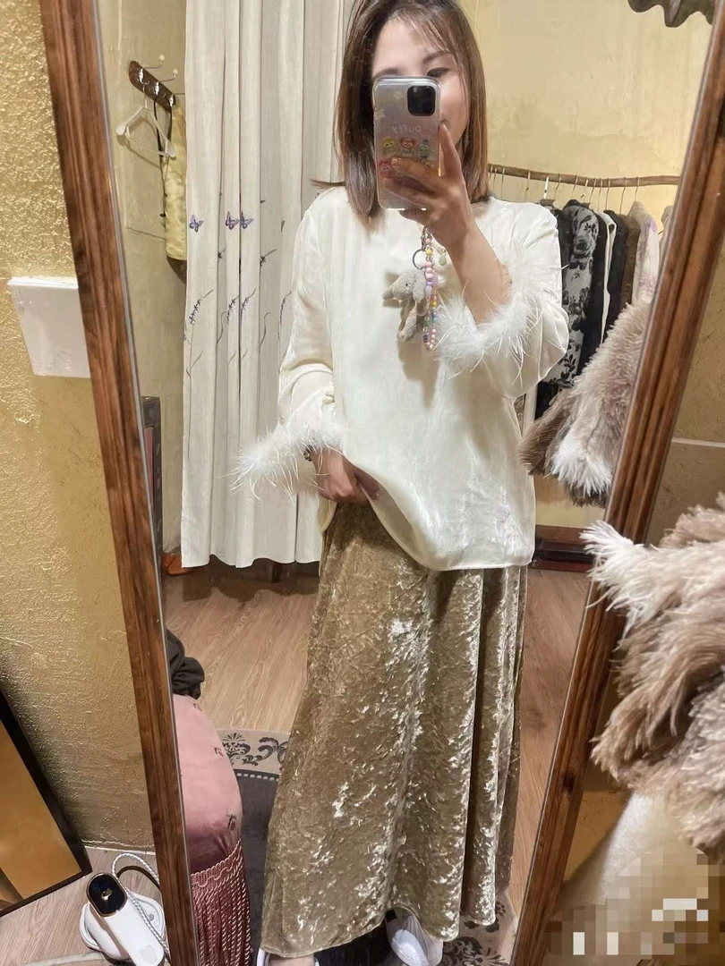 深圳南油高端女装纯色中长款丝绒半身裙女-001