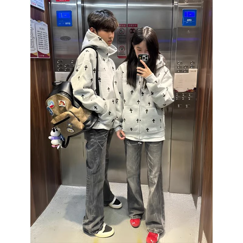 克罗风满印十字架卫衣男春秋款复古情侣连帽开衫oversize美式外套