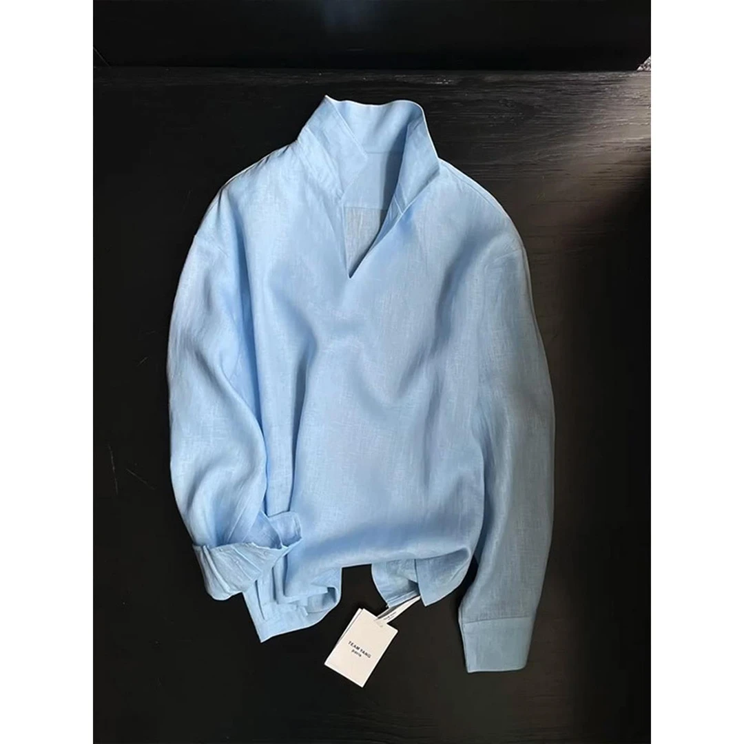 天蓝色天丝亚麻衬衫男高级感法式气质v领长袖上衣夏季老钱风衬衣