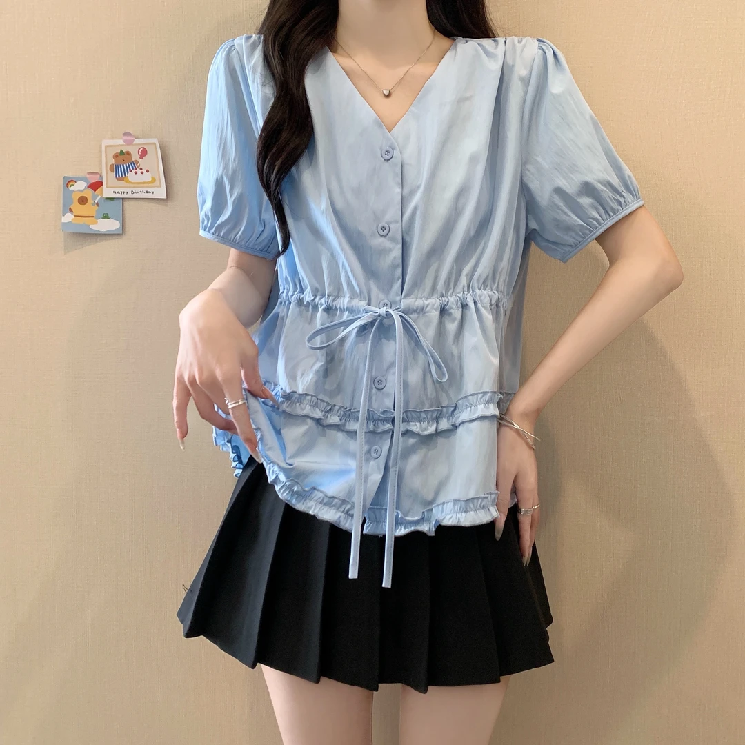 2025大码女装夏季新款法式木耳边收腰短袖衬衫3166