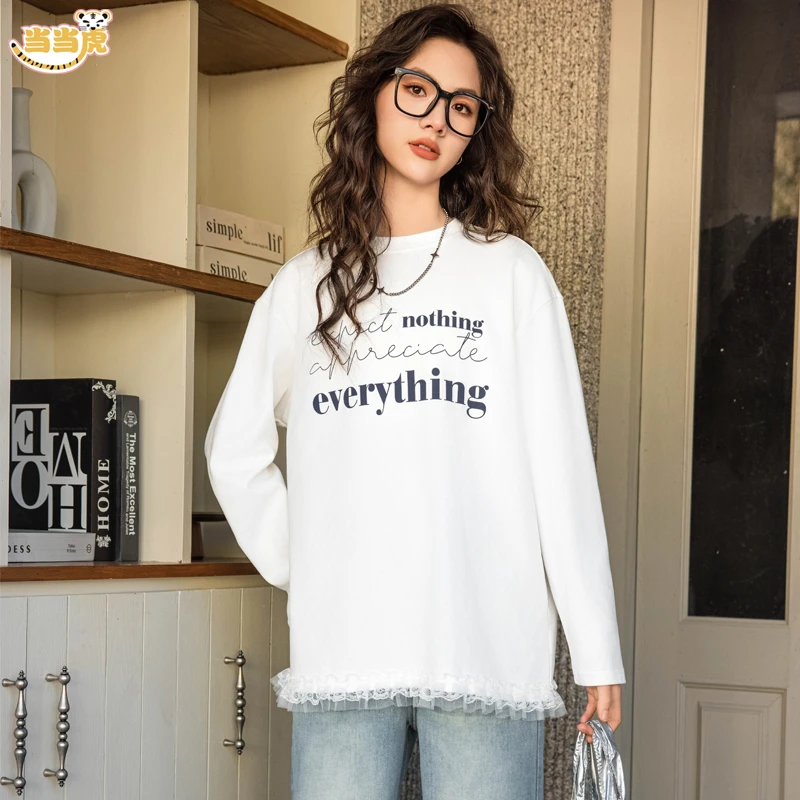 【春秋中长T恤】初高中女大童宽松长袖百搭休闲蕾丝花边打底衫上衣