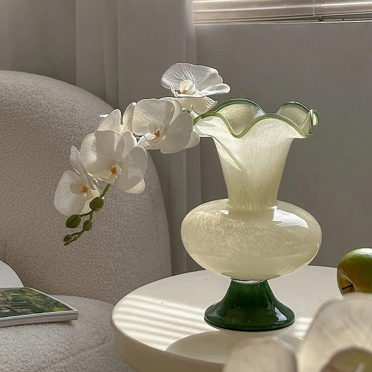 中古侘寂风绿色芬顿玻璃花瓶家居玻璃拼色风灯花瓶插花花器装饰