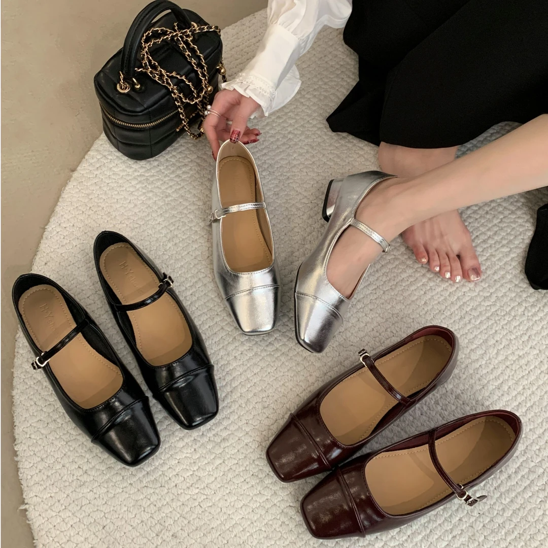 春季新款方头简约纯色银色时尚法式百搭粗跟玛丽珍高跟鞋135-10
