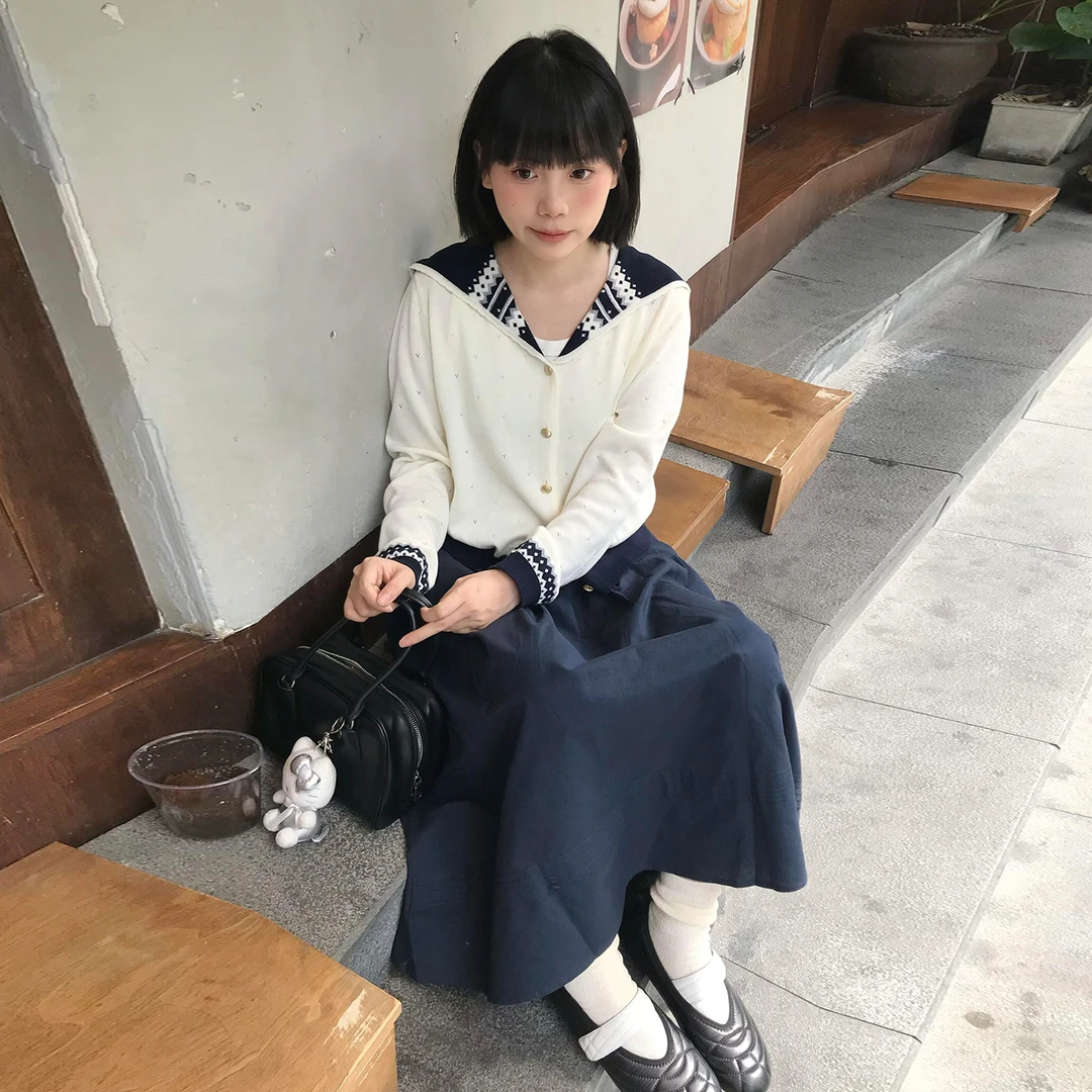 2025新款早秋学院风海军领针织开衫搭配半身裙两件套连衣裙7129