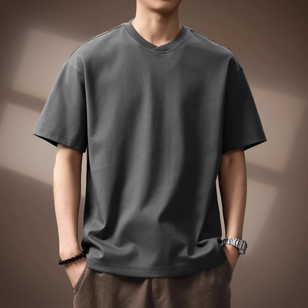 MR.MUDI/穆迪先生高端简约凉感个性领口短袖T恤男士夏季新款潮牌