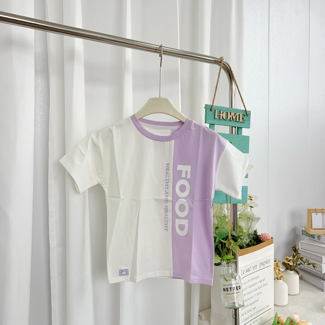 女童夏季舒适柔软拼色food棉氨短袖T恤504